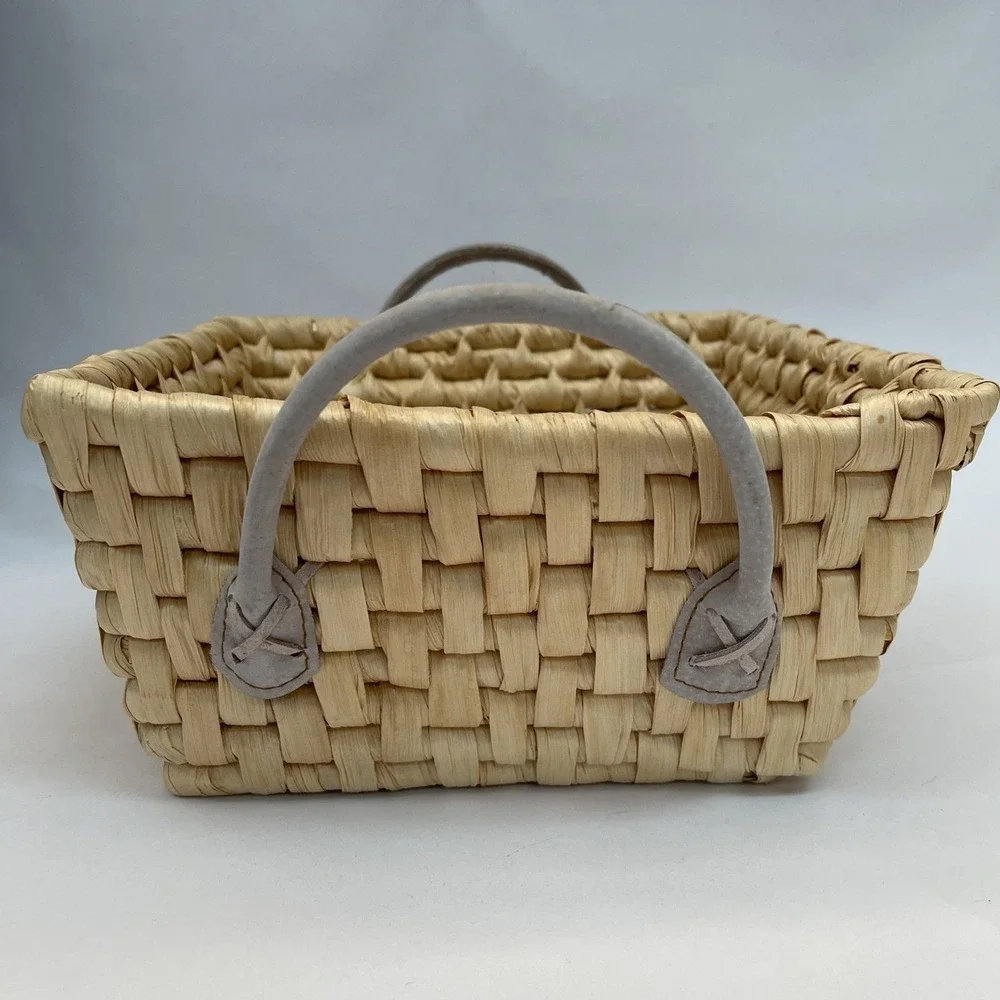 Natural Square Wicker Woven‎ Basket with Handles Leather 10